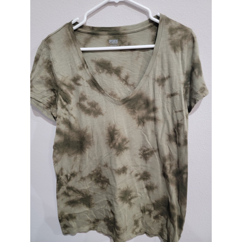 Victoria's Secret PINK Women's L Green Tie-Dye V-Neck Short Sleeve Tee